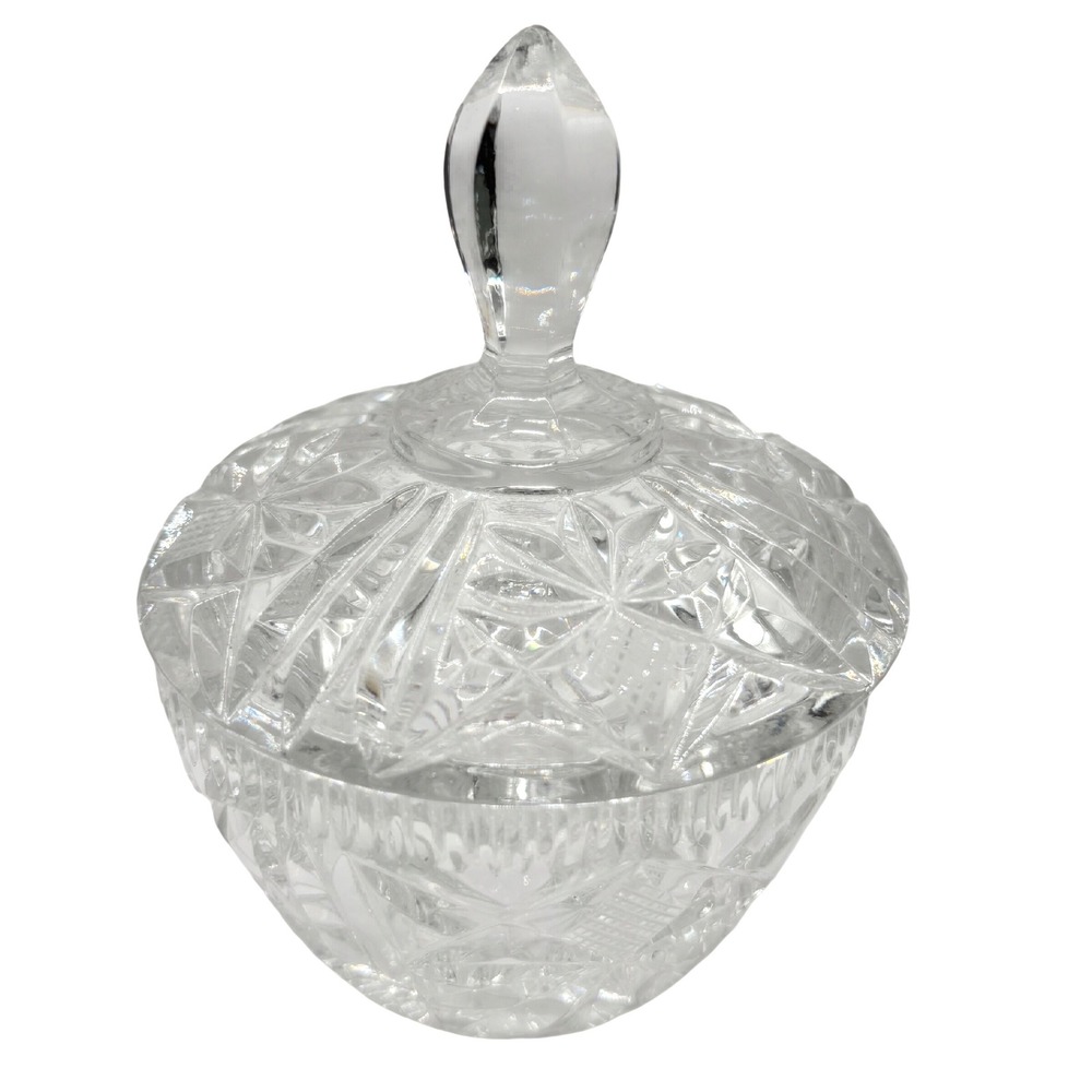 Vintage Cut Crystal Lidded Candy Dish Round Starburst Diamond Pattern Clear
